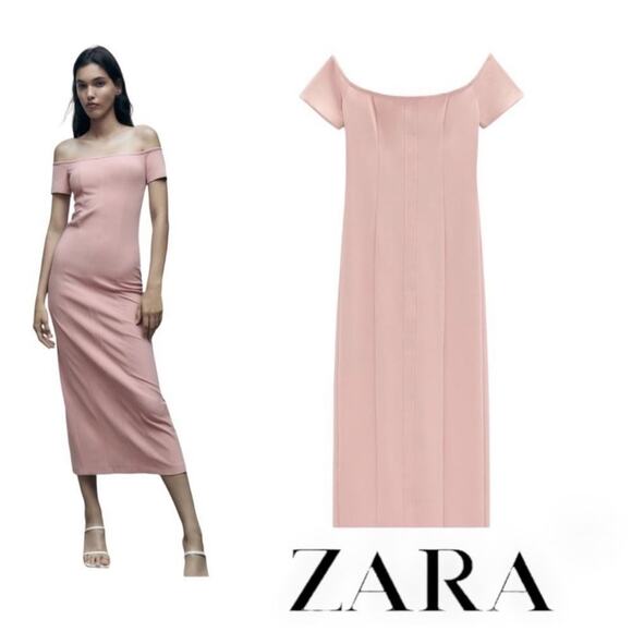 Zara‎ Baby Light Pink Topstitched Off the Shoulder Bodycon Midi Dress Size M - Picture 1 of 11